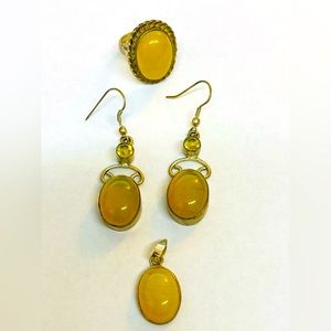 Yellow agate earrings, pendant, and ring